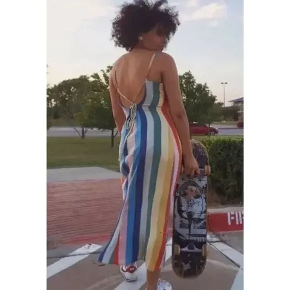 Reformation Rainbow Midi Dress 2 XS Striped V-neck spaghetti strap multicolor - Picture 3 of 11